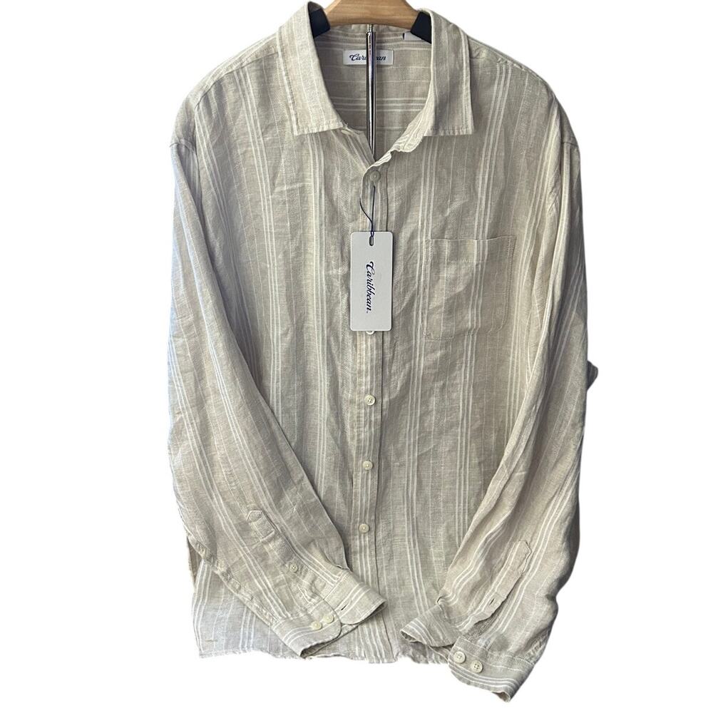 NWT Caribbean long sleeve linen beige stripped shirt men's size xxl